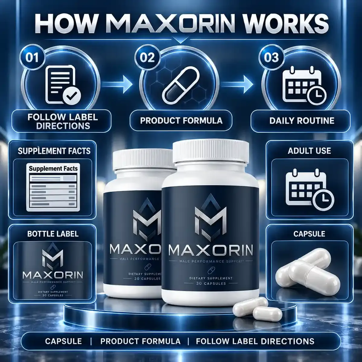 How Maxorin works graphic: follow label directions, product formula, daily routine