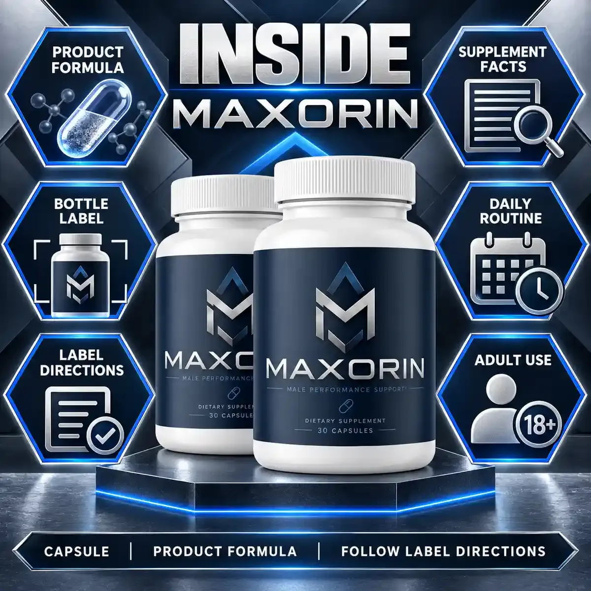 Inside Maxorin graphic: product formula, supplement facts, bottle label, daily routine, label directions and adult use around two bottles