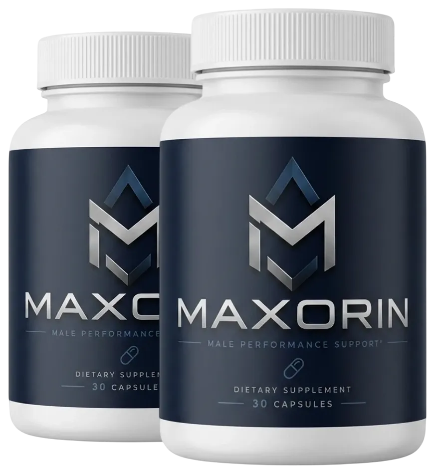 Two Maxorin bottles, navy label with a silver M logo, Male Performance Support, 30 capsules