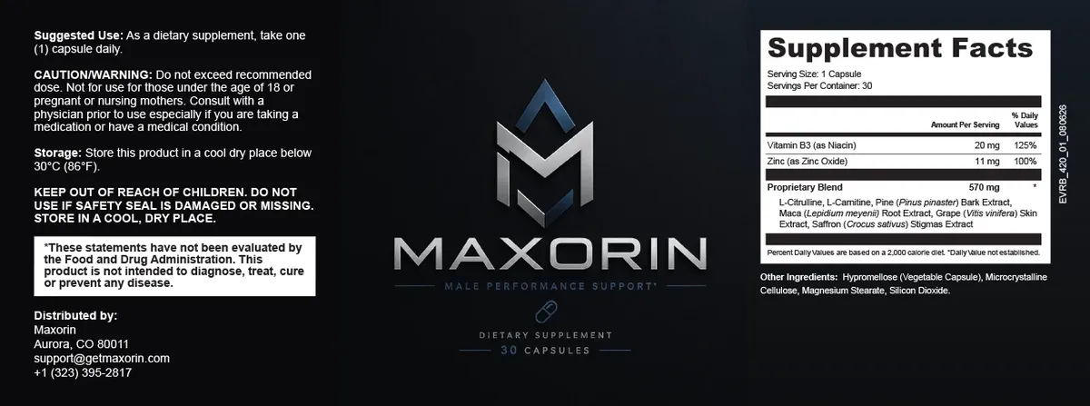 Full Maxorin label with suggested use, caution, front panel and Supplement Facts
